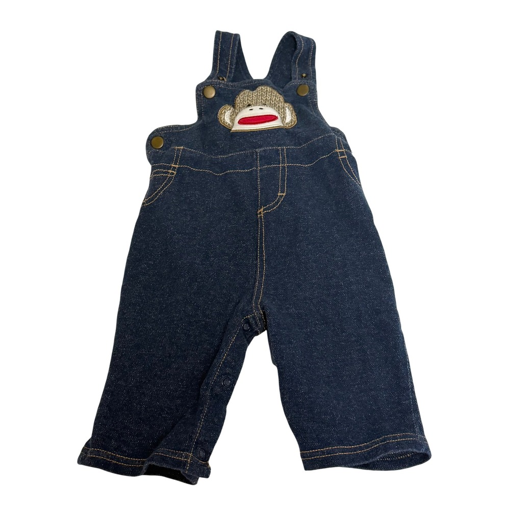 Baby Starters Sock Monkey Denim Overalls Dark Wash Blue 9 Months Snap Crotch